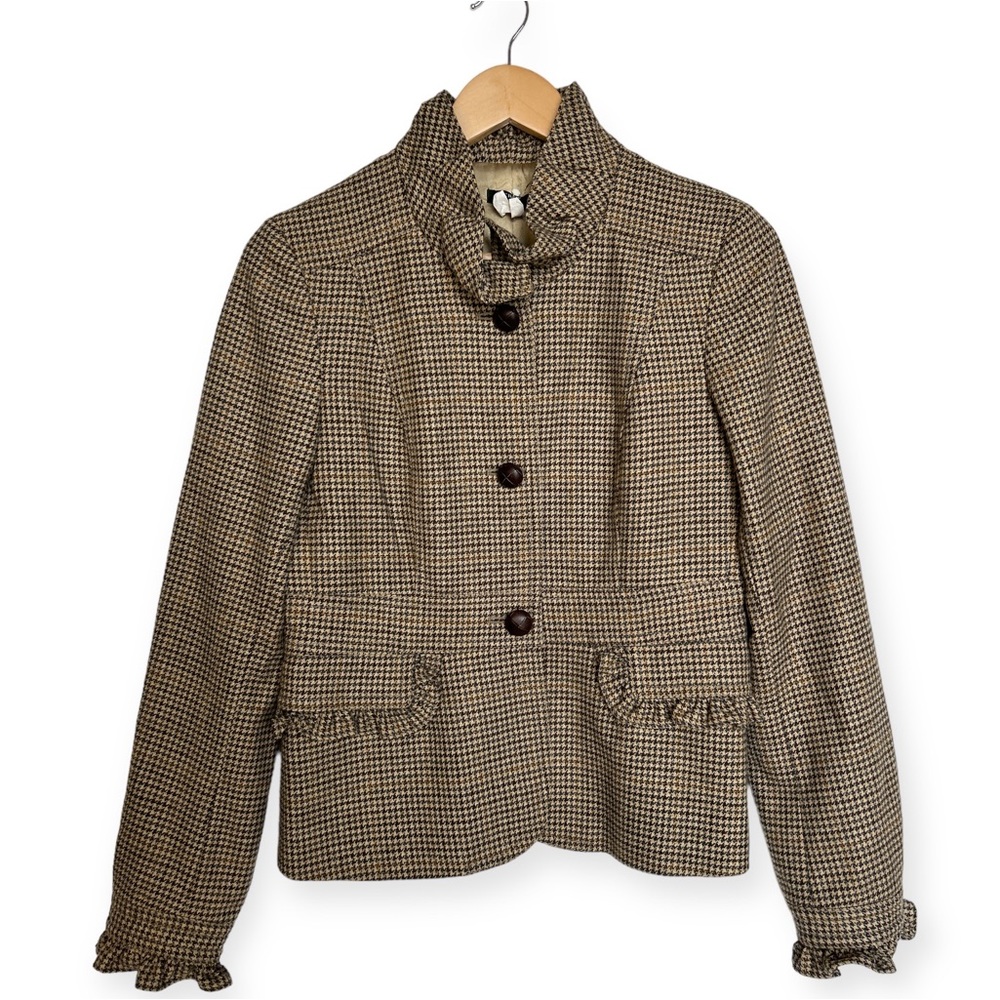 Y2K J Crew Jacket Adult 10 Brown Wool Leather Buttons Blazer Ruffle Plaid Womens